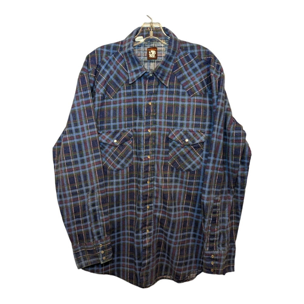 Karman Vintage Western blue long sleeve flannel shirt pearl snaps. Men's Medium.